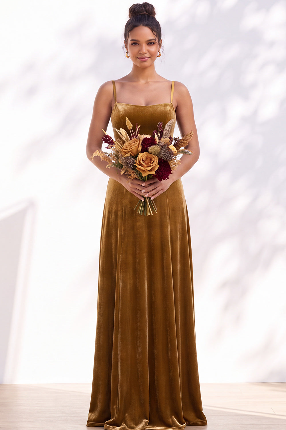 Burgundy A-Line Velvet Spaghetti Straps Long Formal Dress