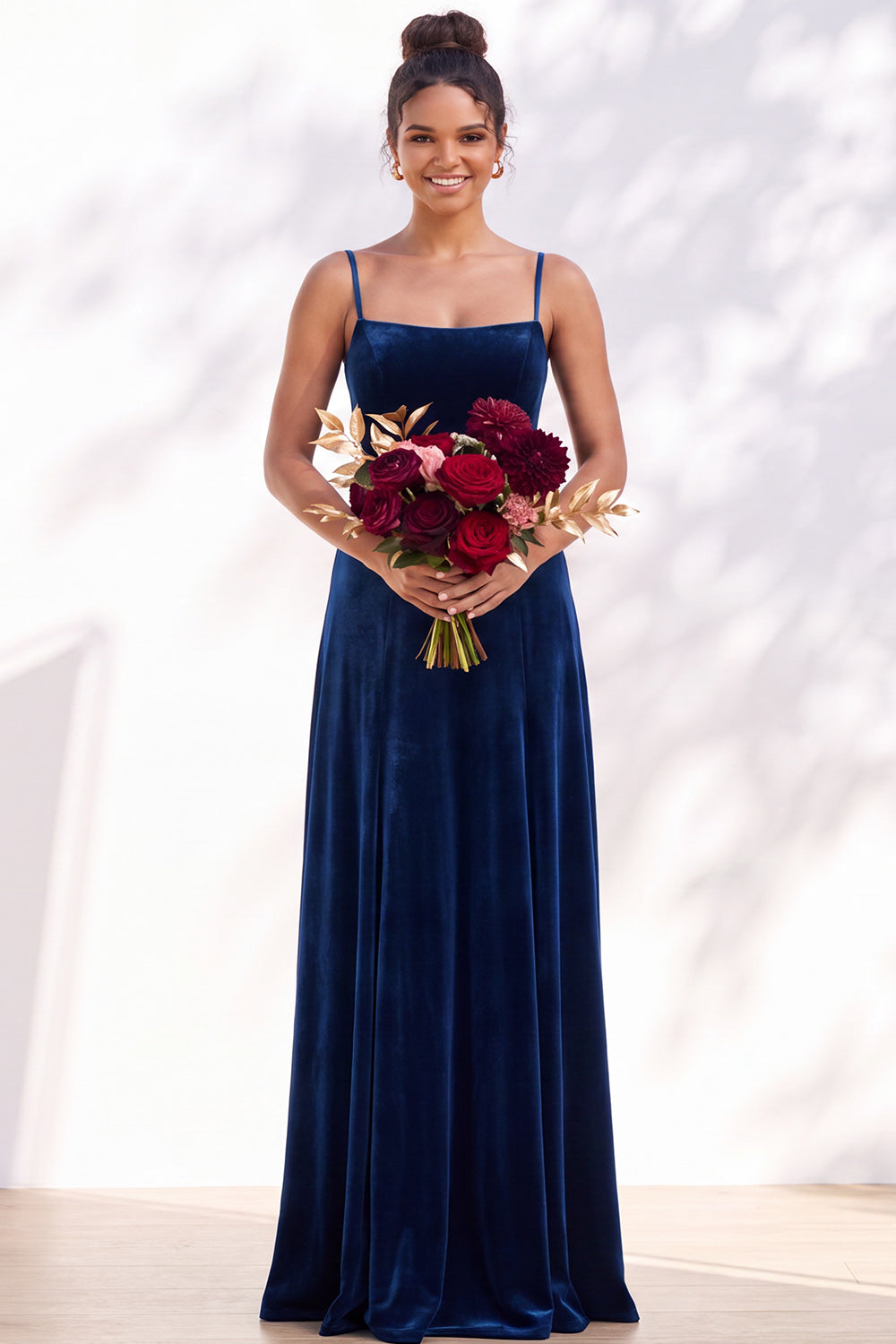 Burgundy A-Line Velvet Spaghetti Straps Long Formal Dress