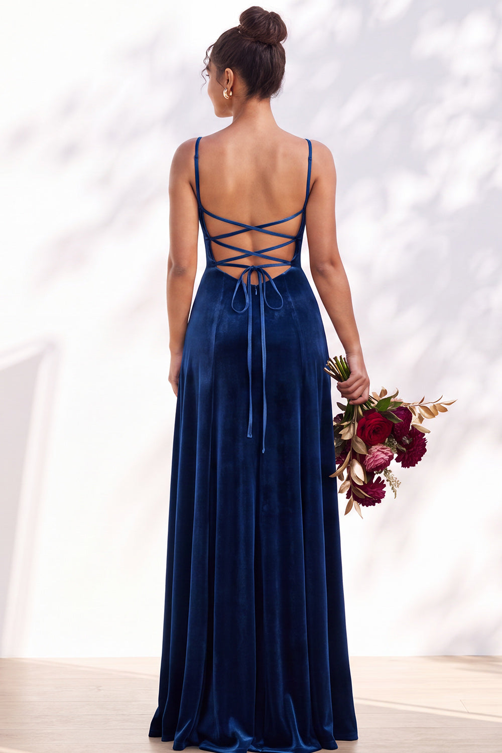Burgundy A-Line Velvet Spaghetti Straps Long Formal Dress