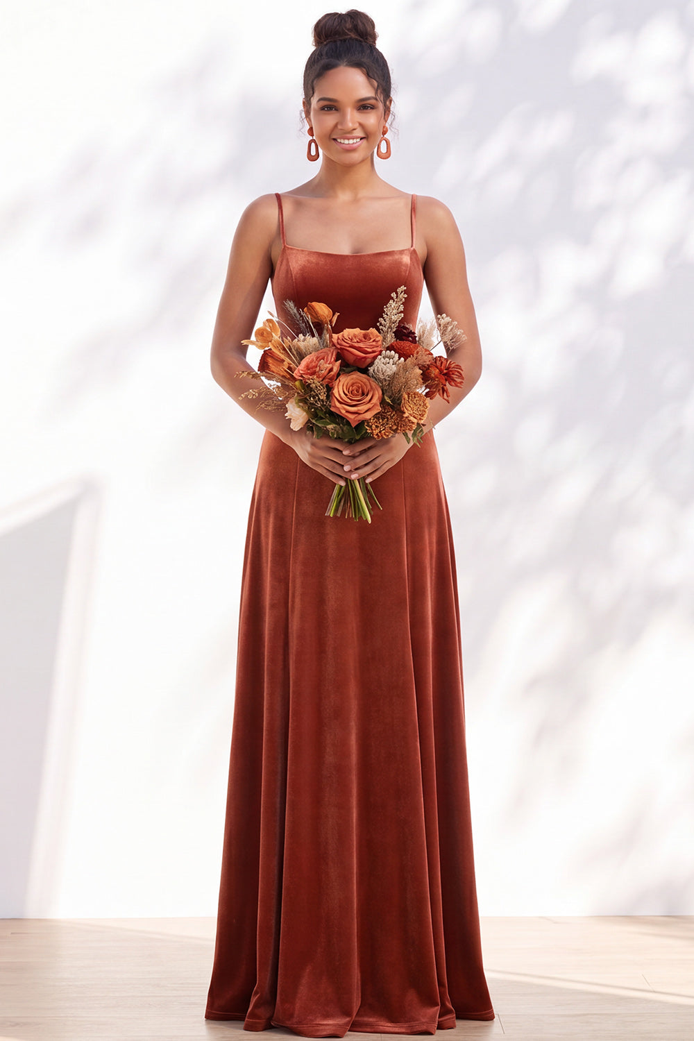 Burgundy A-Line Velvet Spaghetti Straps Long Formal Dress
