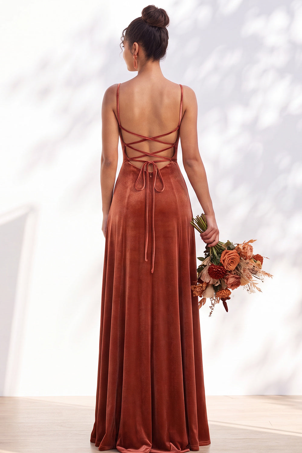 Burgundy A-Line Velvet Spaghetti Straps Long Formal Dress