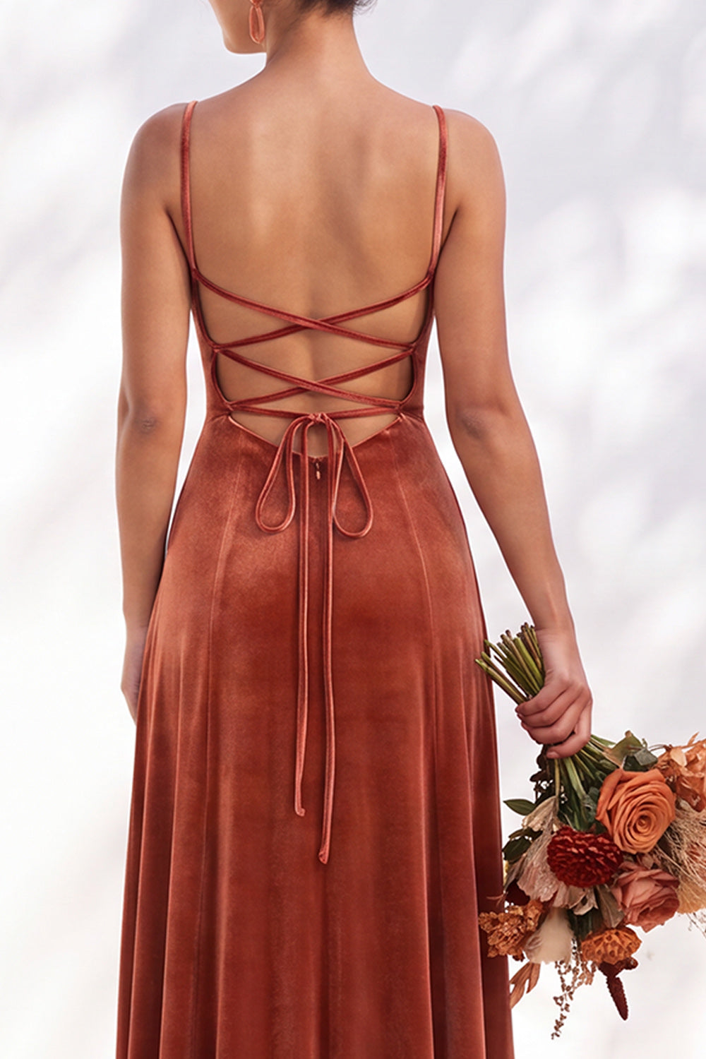 Burgundy A-Line Velvet Spaghetti Straps Long Formal Dress