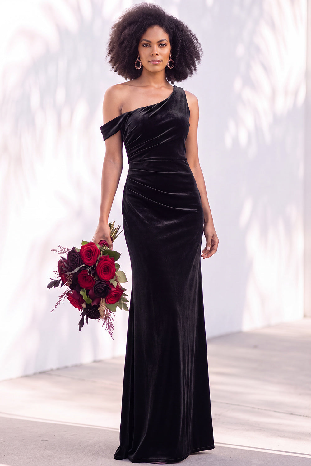 Coffee Velvet One Shoulder Mermaid Ruched Long Formal Dress