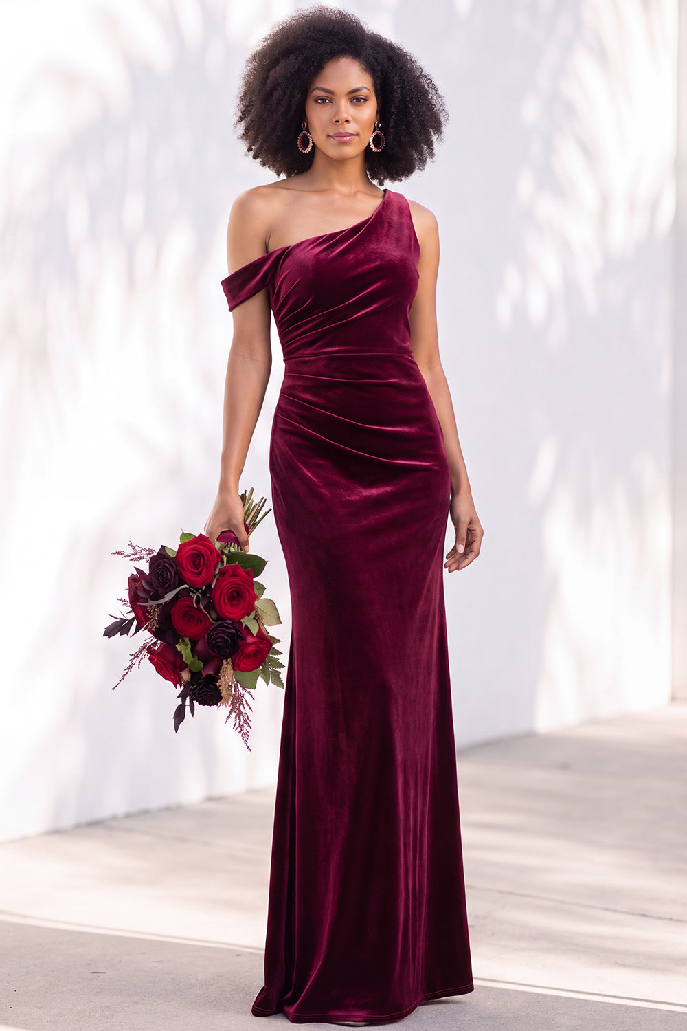 Coffee Velvet One Shoulder Mermaid Ruched Long Formal Dress