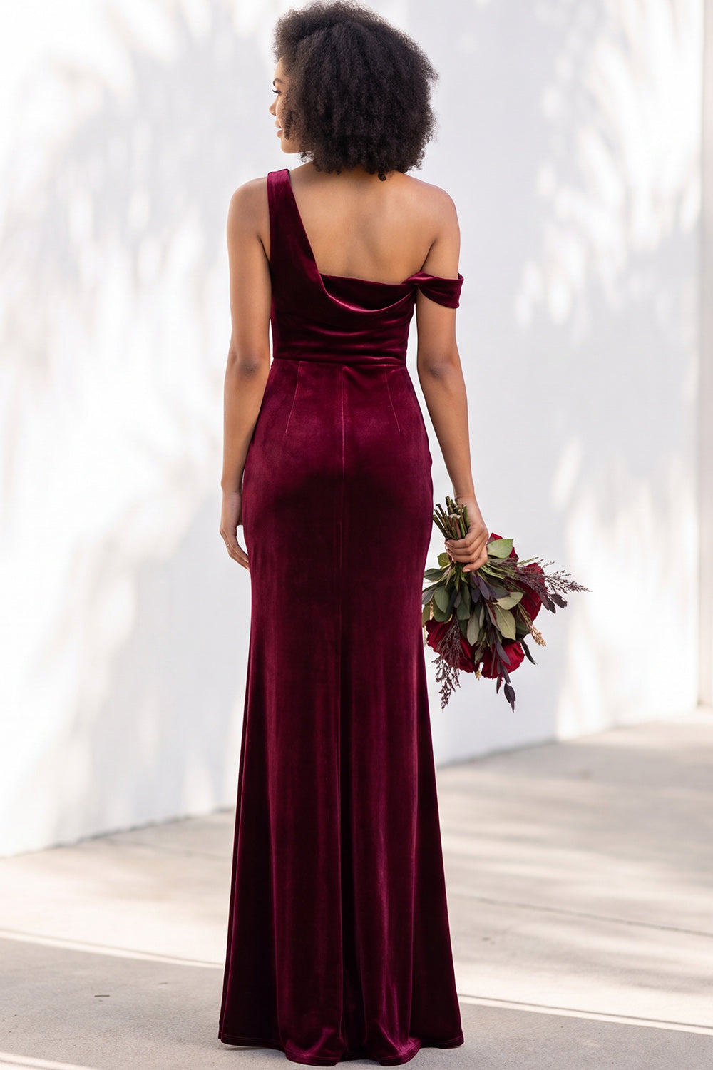 Coffee Velvet One Shoulder Mermaid Ruched Long Formal Dress