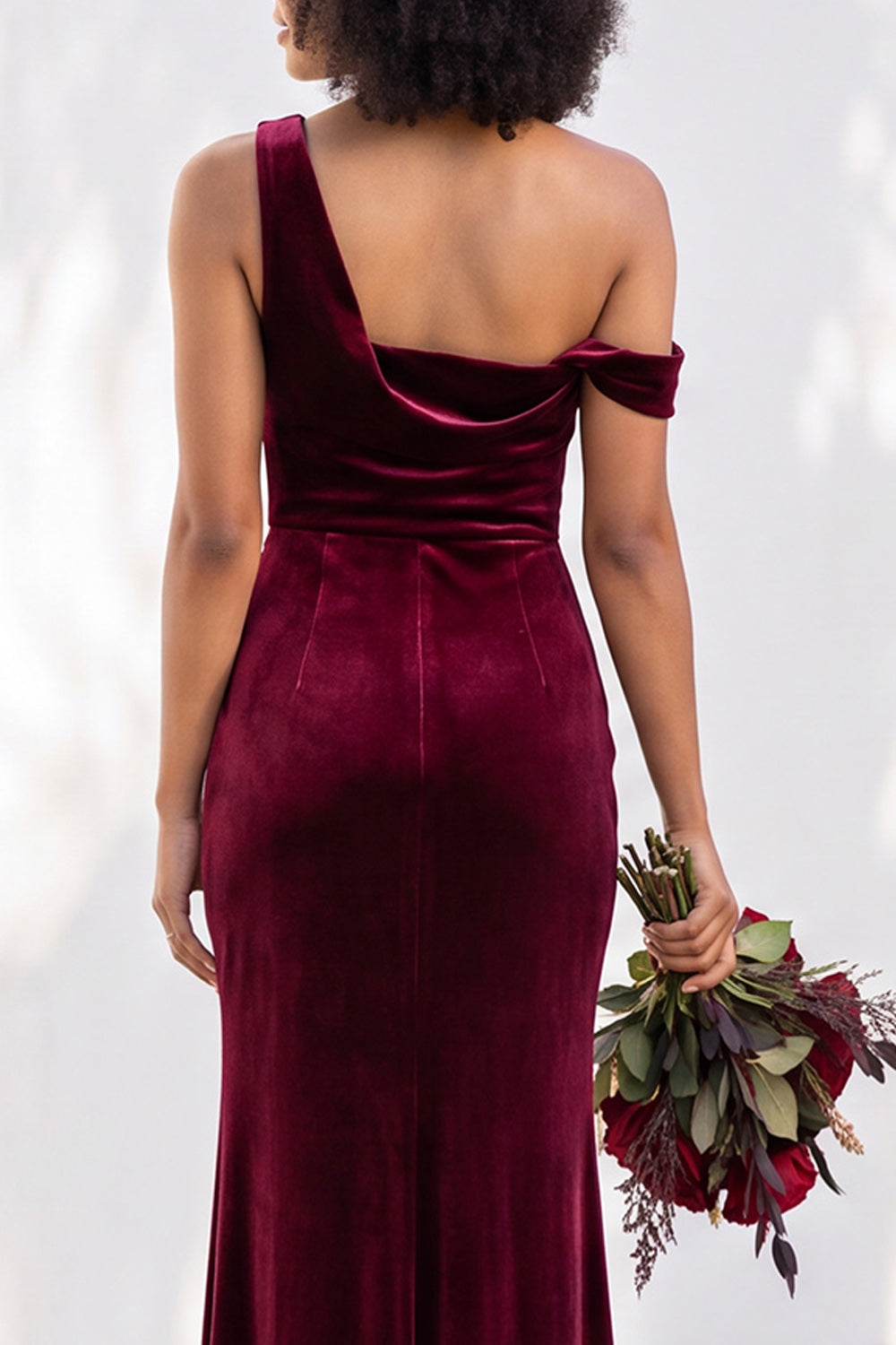 Coffee Velvet One Shoulder Mermaid Ruched Long Formal Dress