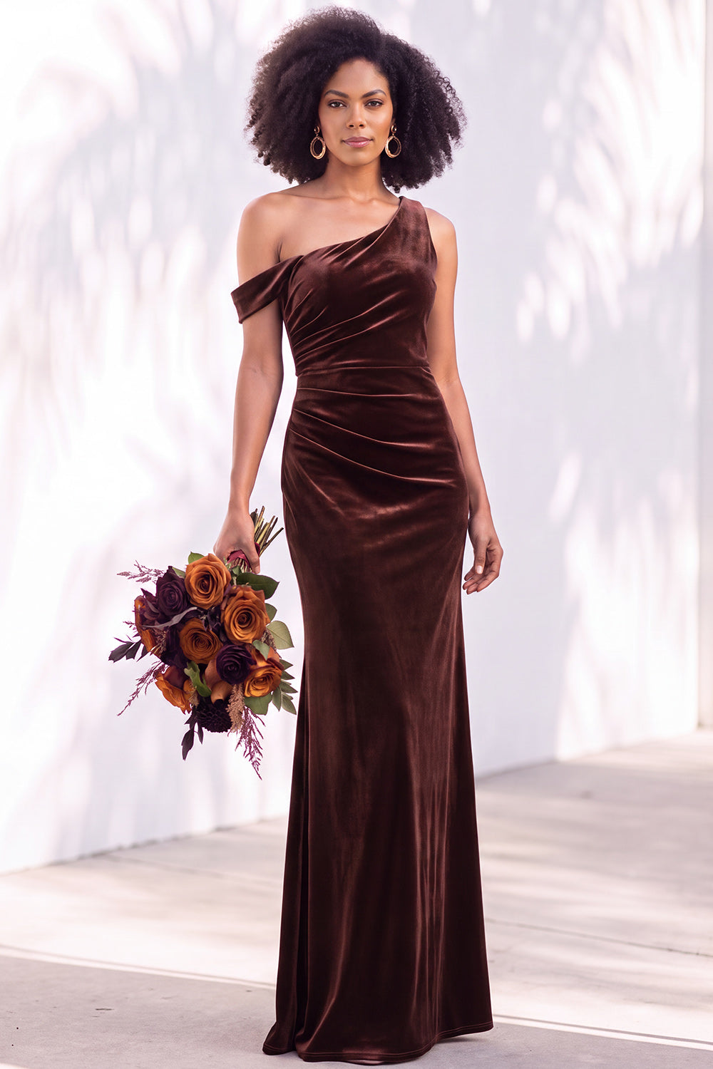 Coffee Velvet One Shoulder Mermaid Ruched Long Formal Dress