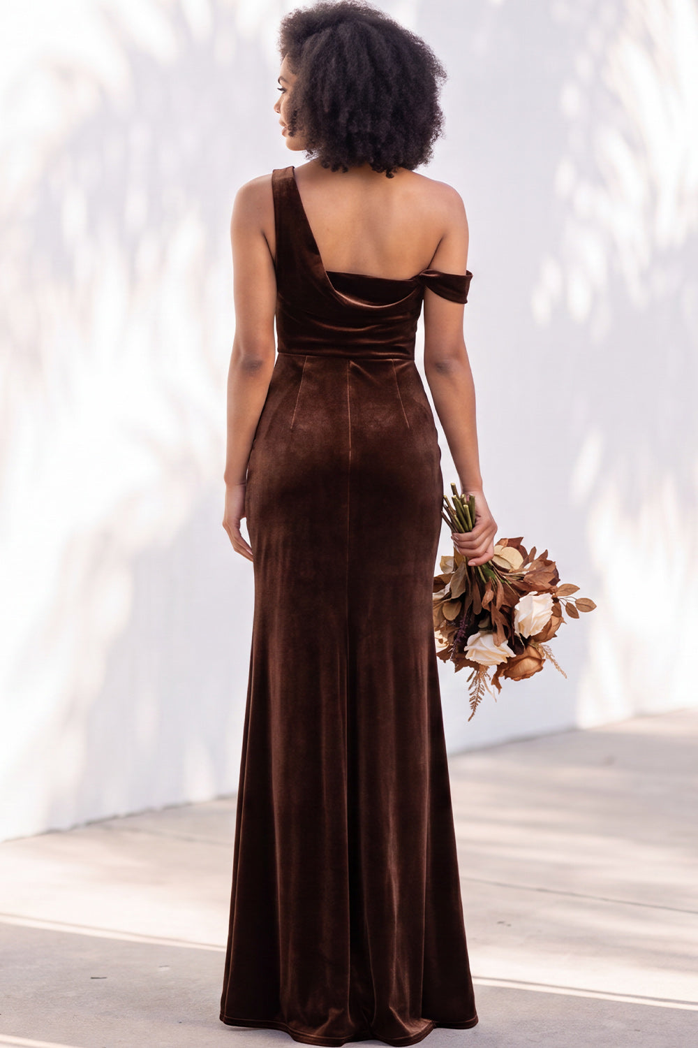 Coffee Velvet One Shoulder Mermaid Ruched Long Formal Dress