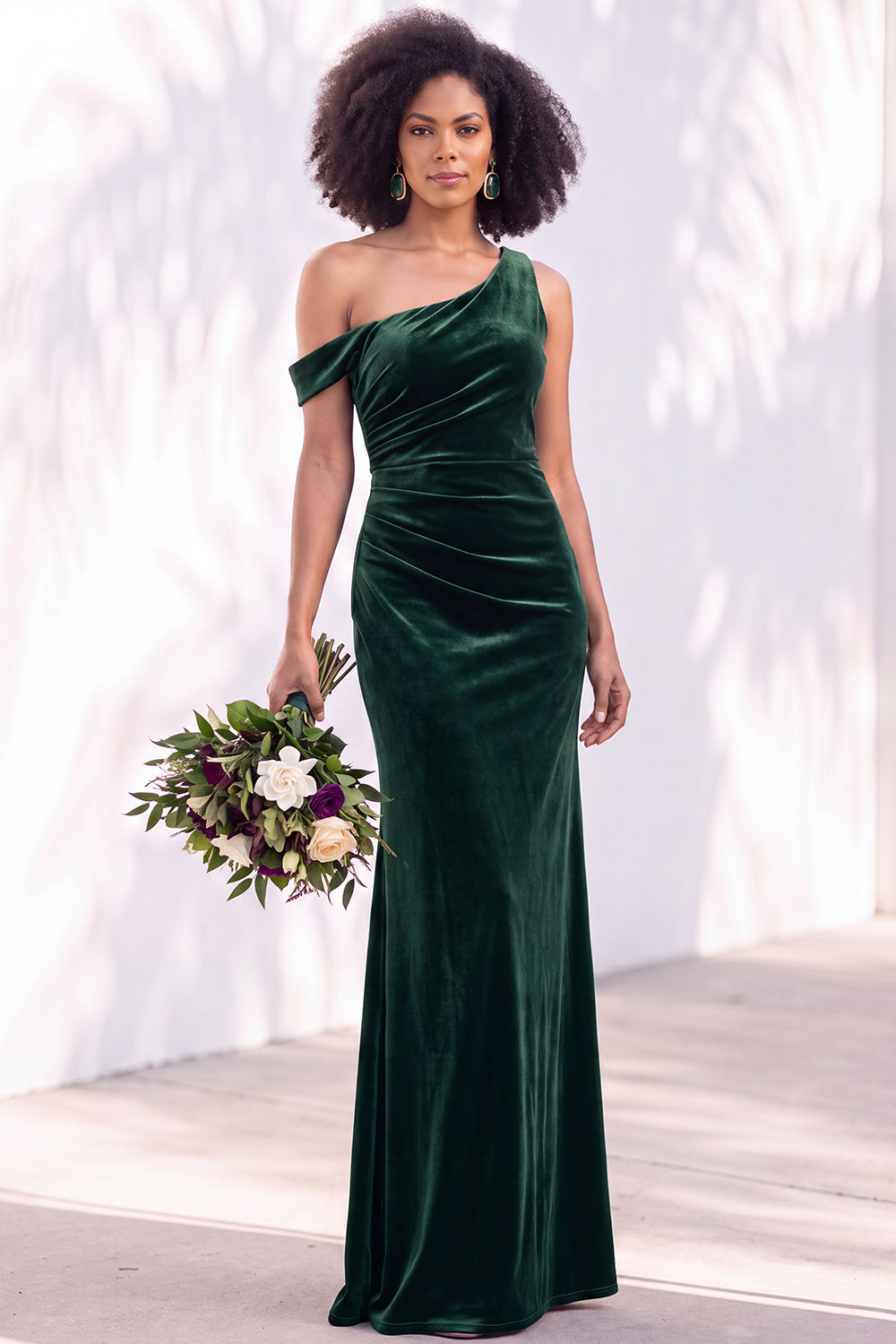 Coffee Velvet One Shoulder Mermaid Ruched Long Formal Dress