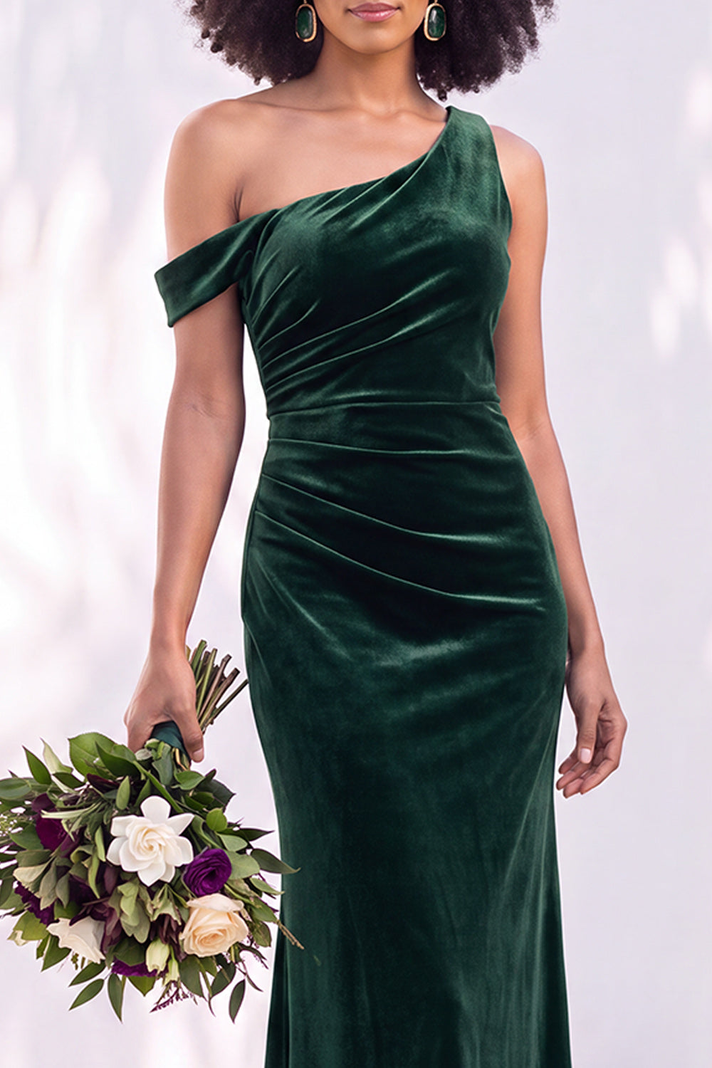 Coffee Velvet One Shoulder Mermaid Ruched Long Formal Dress