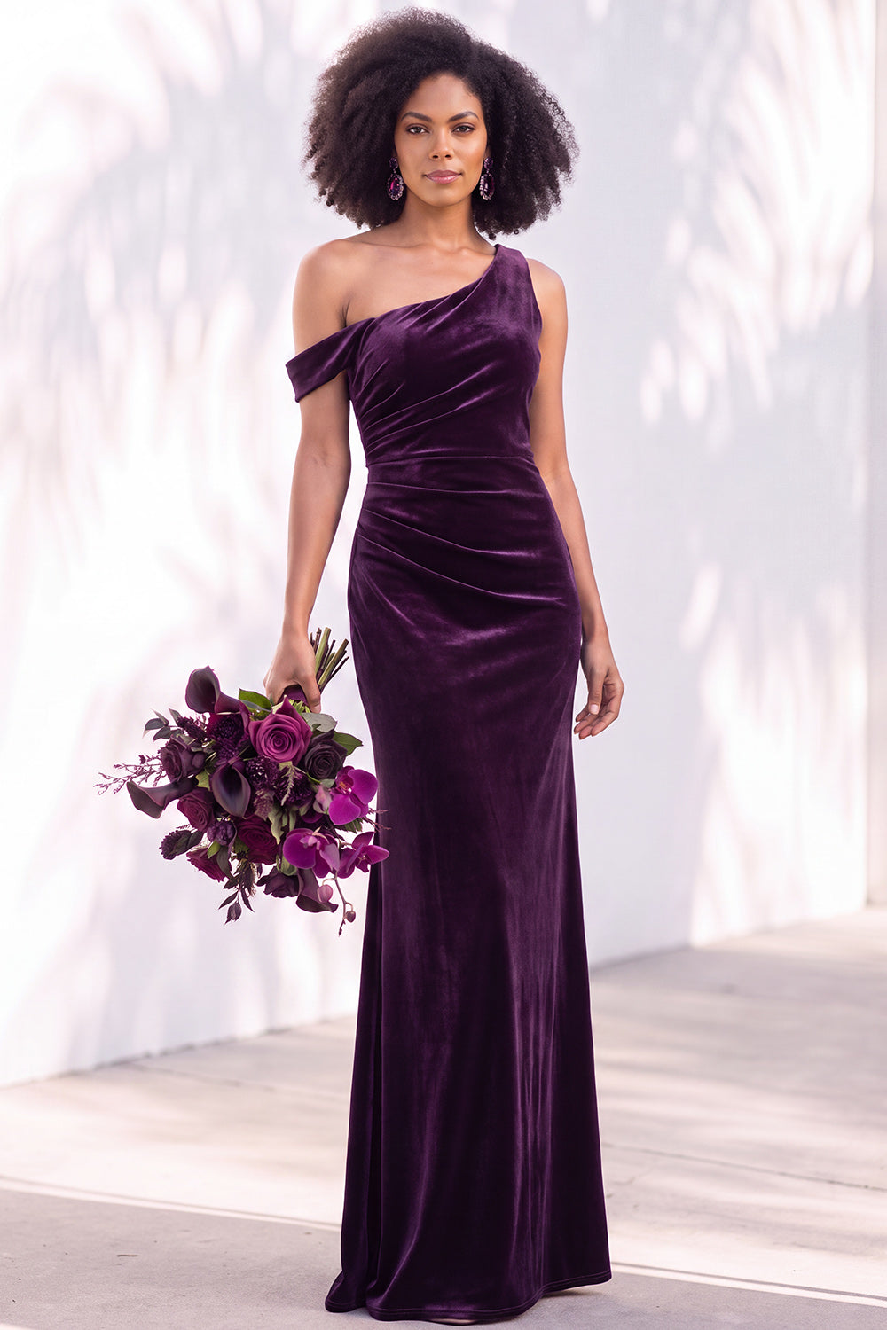 Coffee Velvet One Shoulder Mermaid Ruched Long Formal Dress