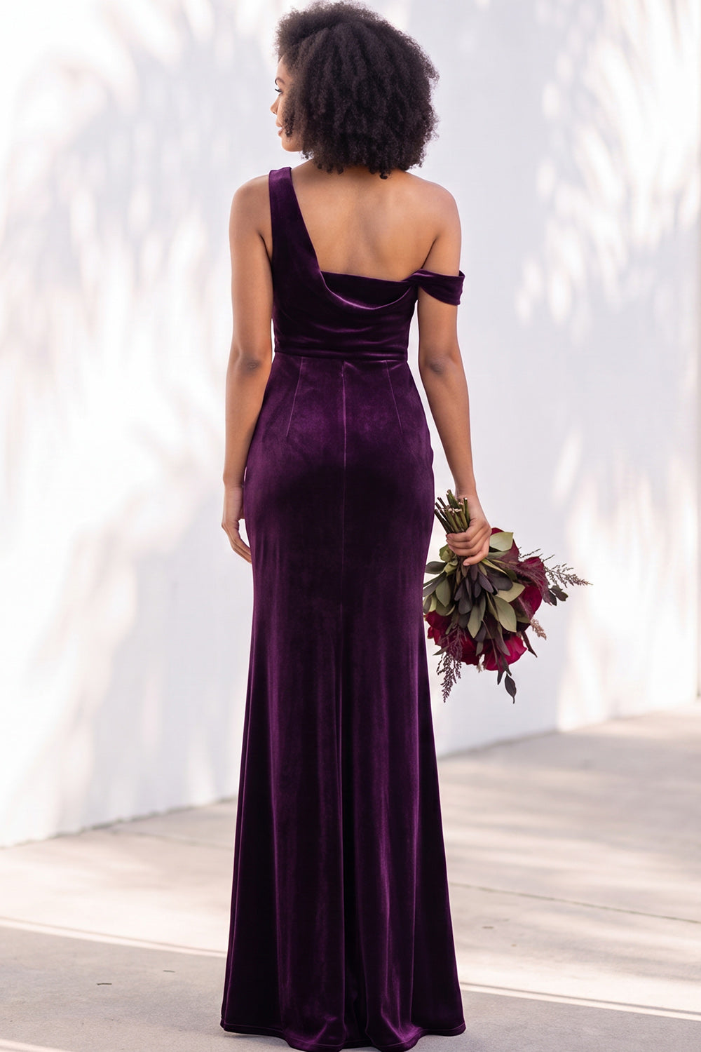 Coffee Velvet One Shoulder Mermaid Ruched Long Formal Dress