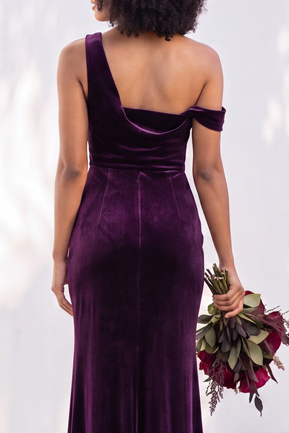 Coffee Velvet One Shoulder Mermaid Ruched Long Formal Dress
