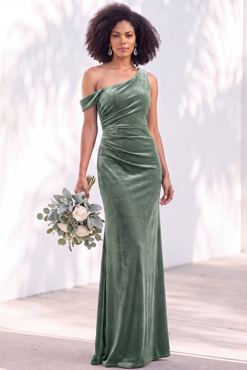 Coffee Velvet One Shoulder Mermaid Ruched Long Formal Dress