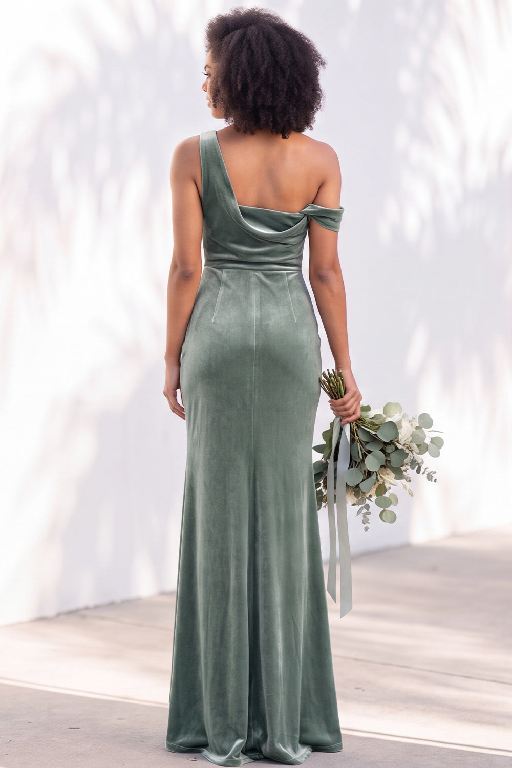 Coffee Velvet One Shoulder Mermaid Ruched Long Formal Dress