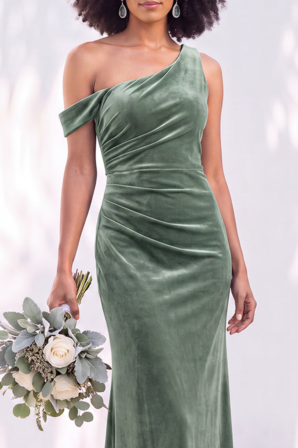 Coffee Velvet One Shoulder Mermaid Ruched Long Formal Dress