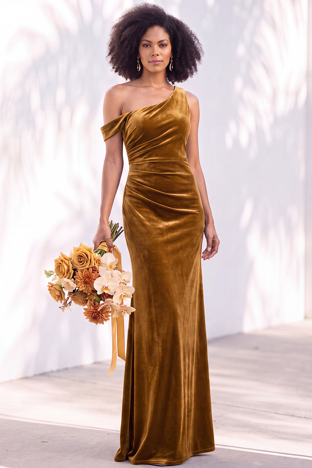 Coffee Velvet One Shoulder Mermaid Ruched Long Formal Dress
