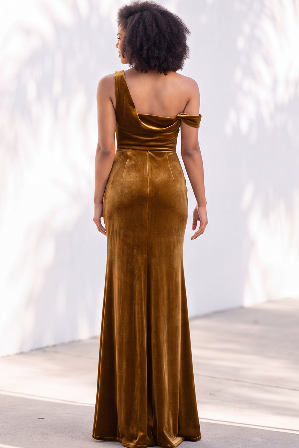 Coffee Velvet One Shoulder Mermaid Ruched Long Formal Dress