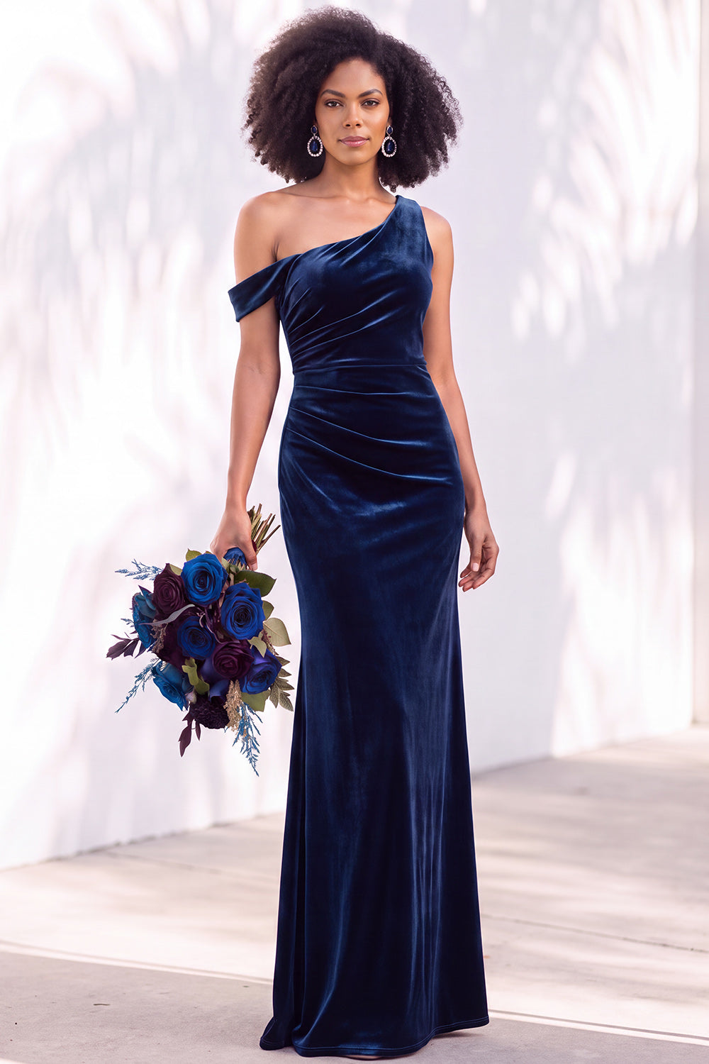 Coffee Velvet One Shoulder Mermaid Ruched Long Formal Dress