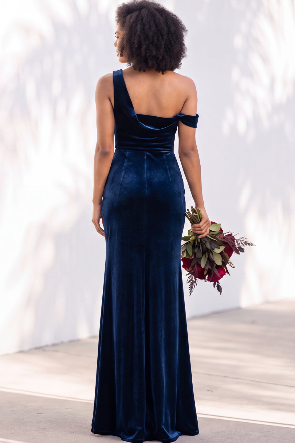 Coffee Velvet One Shoulder Mermaid Ruched Long Formal Dress
