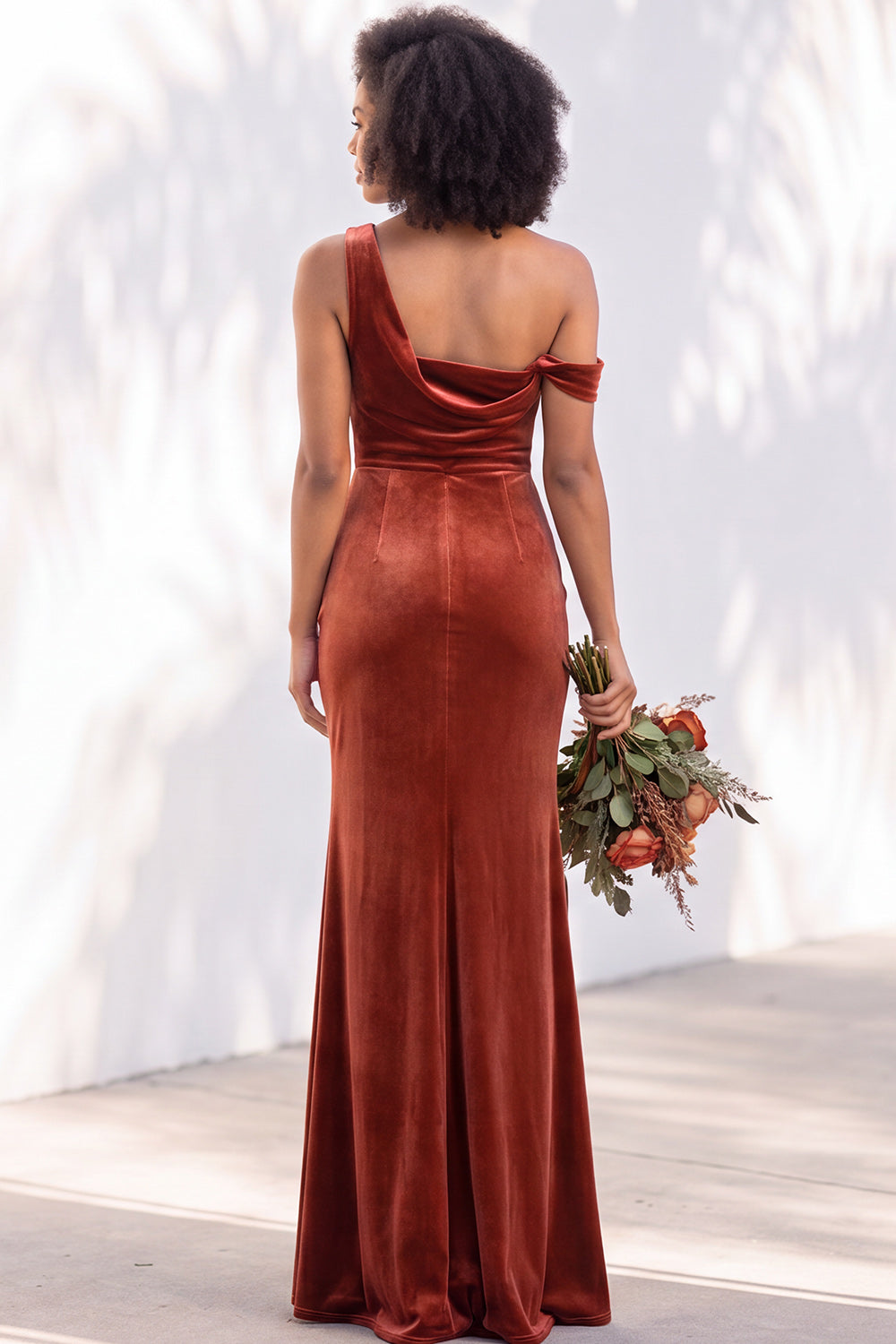 Coffee Velvet One Shoulder Mermaid Ruched Long Formal Dress