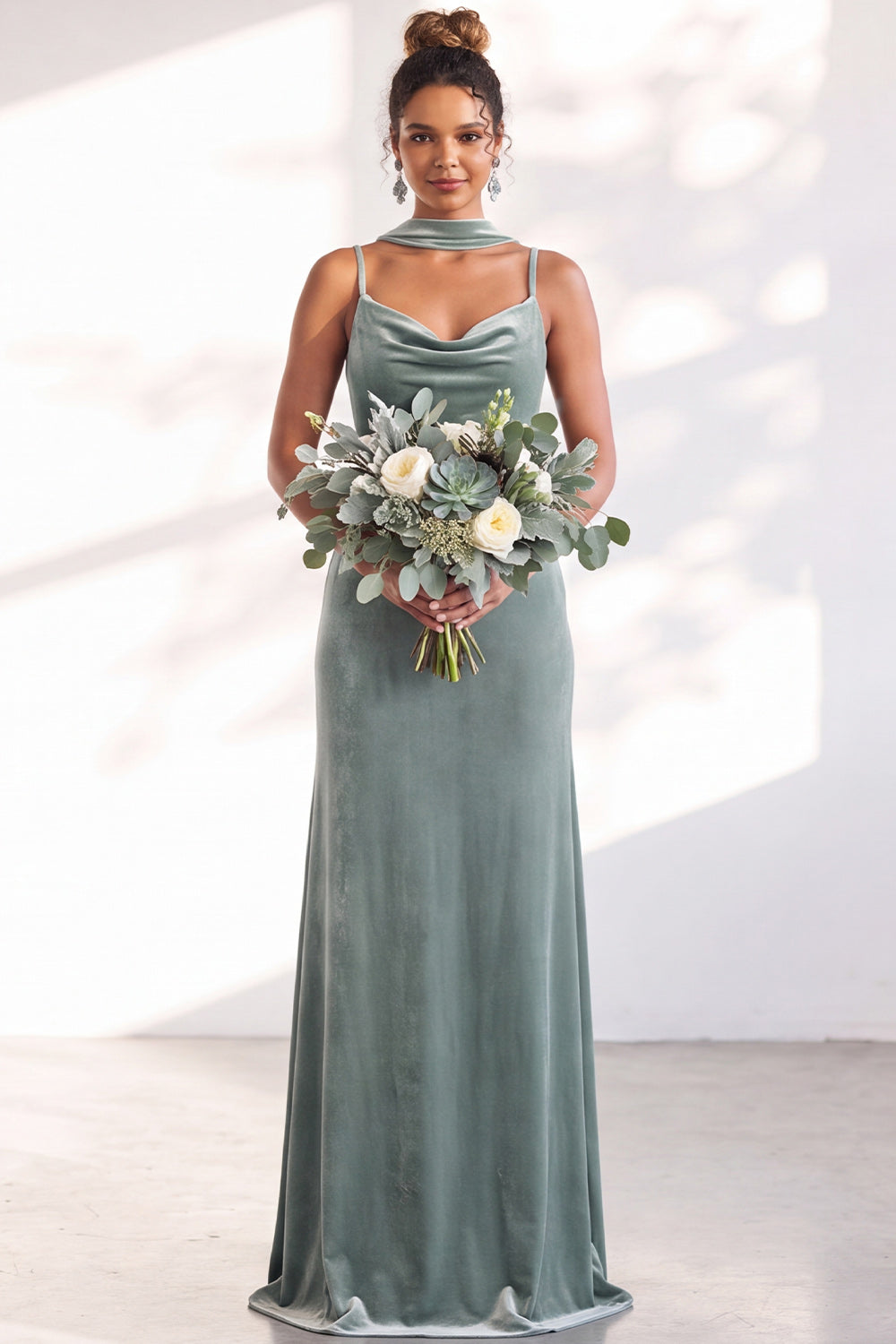 Dark Green Mermaid Spaghetti Straps Velvet Long Formal Dress