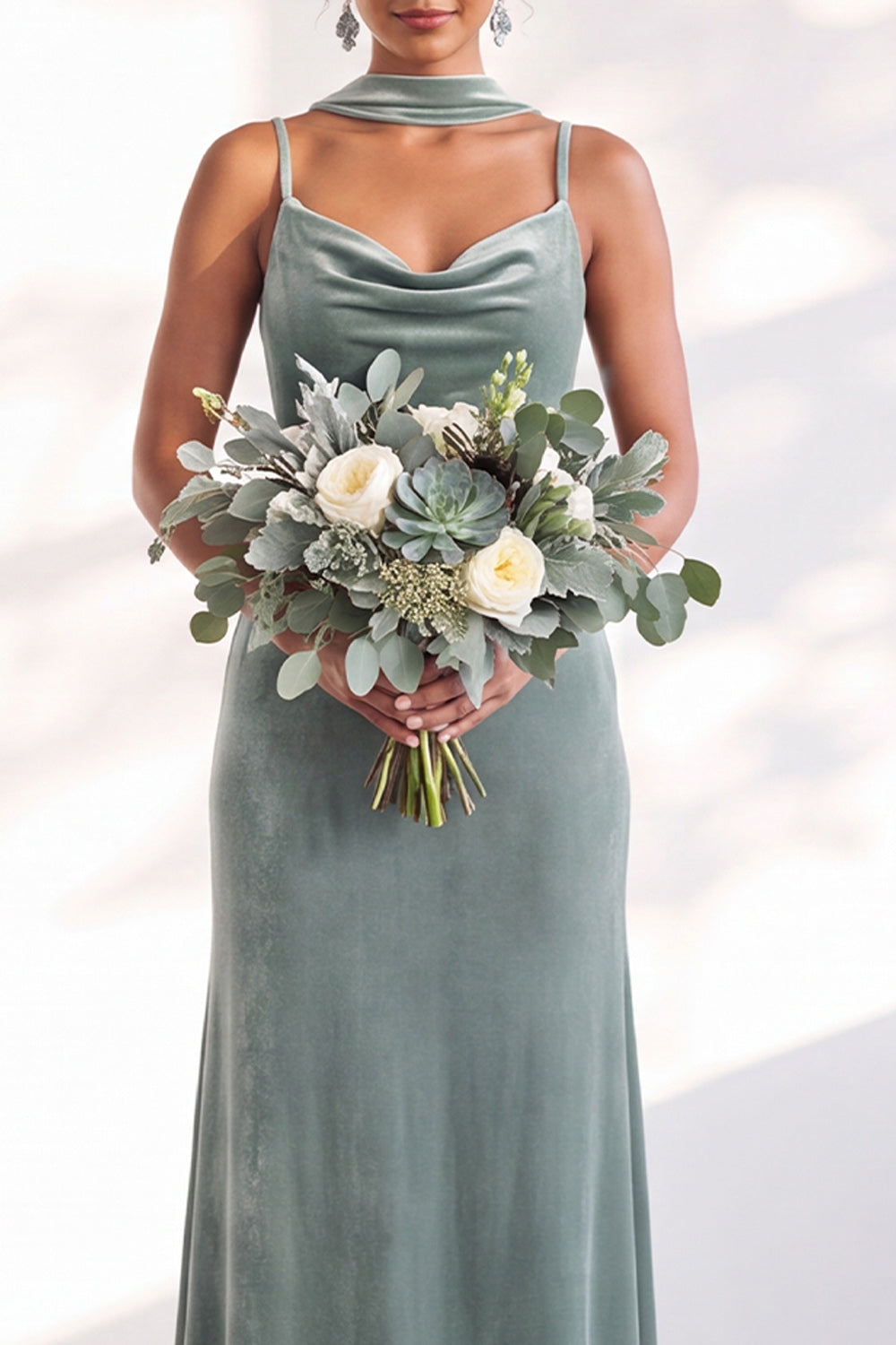 Dark Green Mermaid Spaghetti Straps Velvet Long Formal Dress