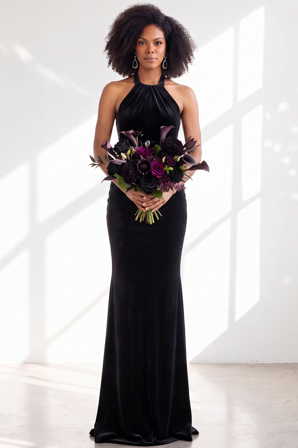 Black Velvet Mermaid Halter Long Formal Dress