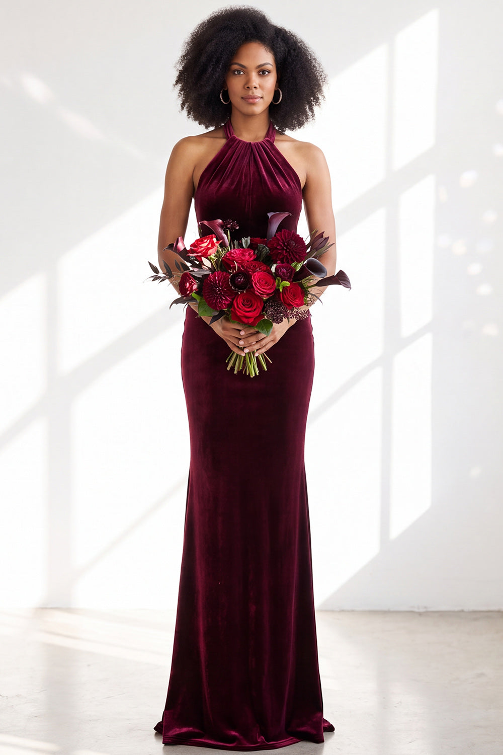 Black Velvet Mermaid Halter Long Formal Dress