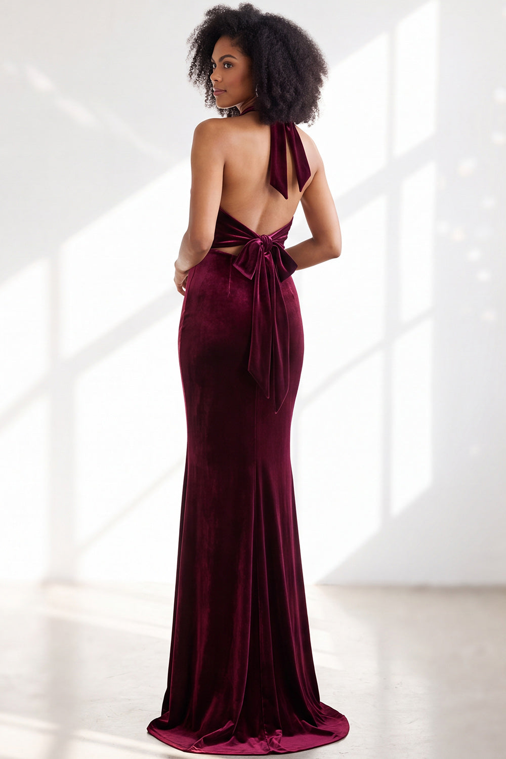 Black Velvet Mermaid Halter Long Formal Dress