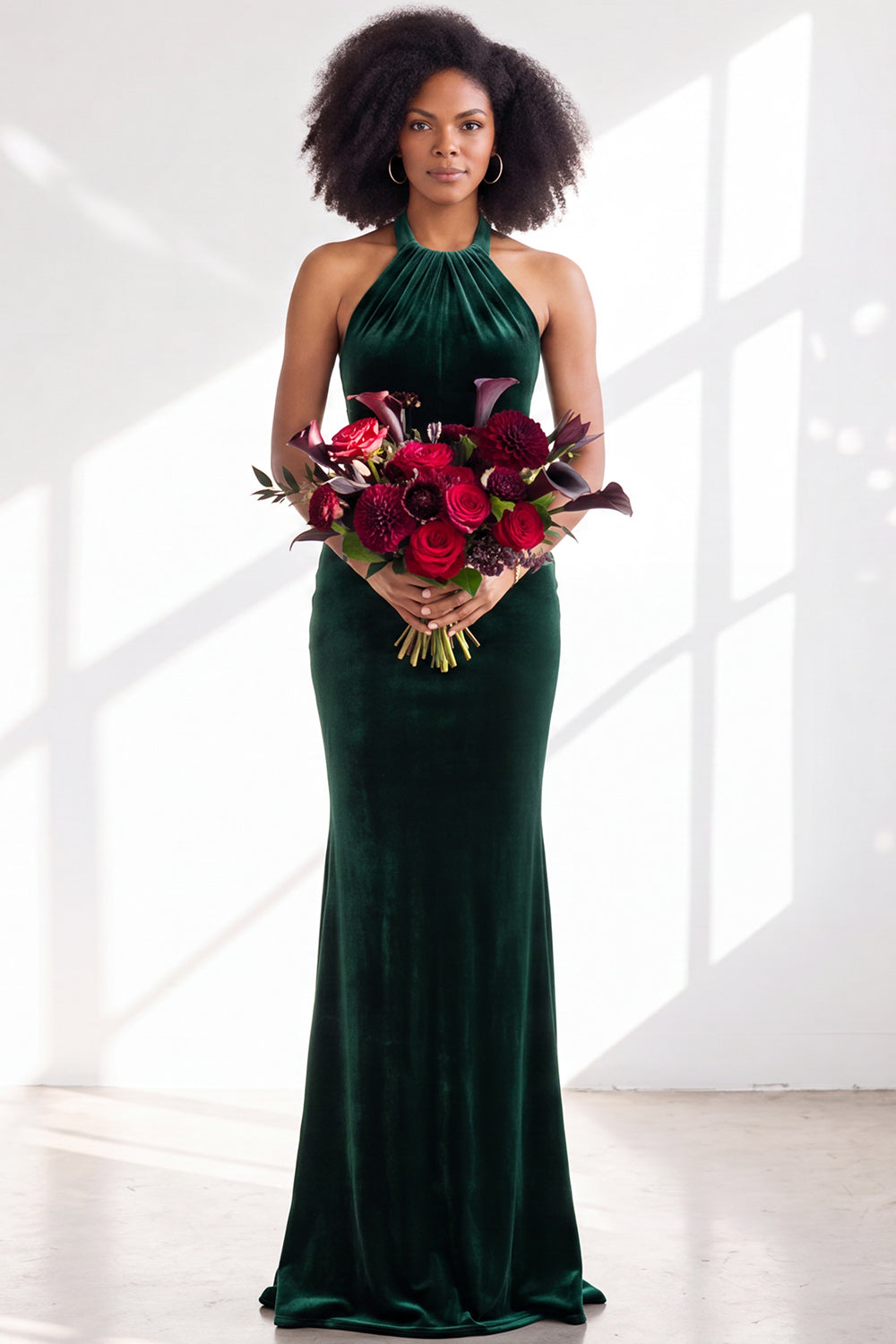 Black Velvet Mermaid Halter Long Formal Dress