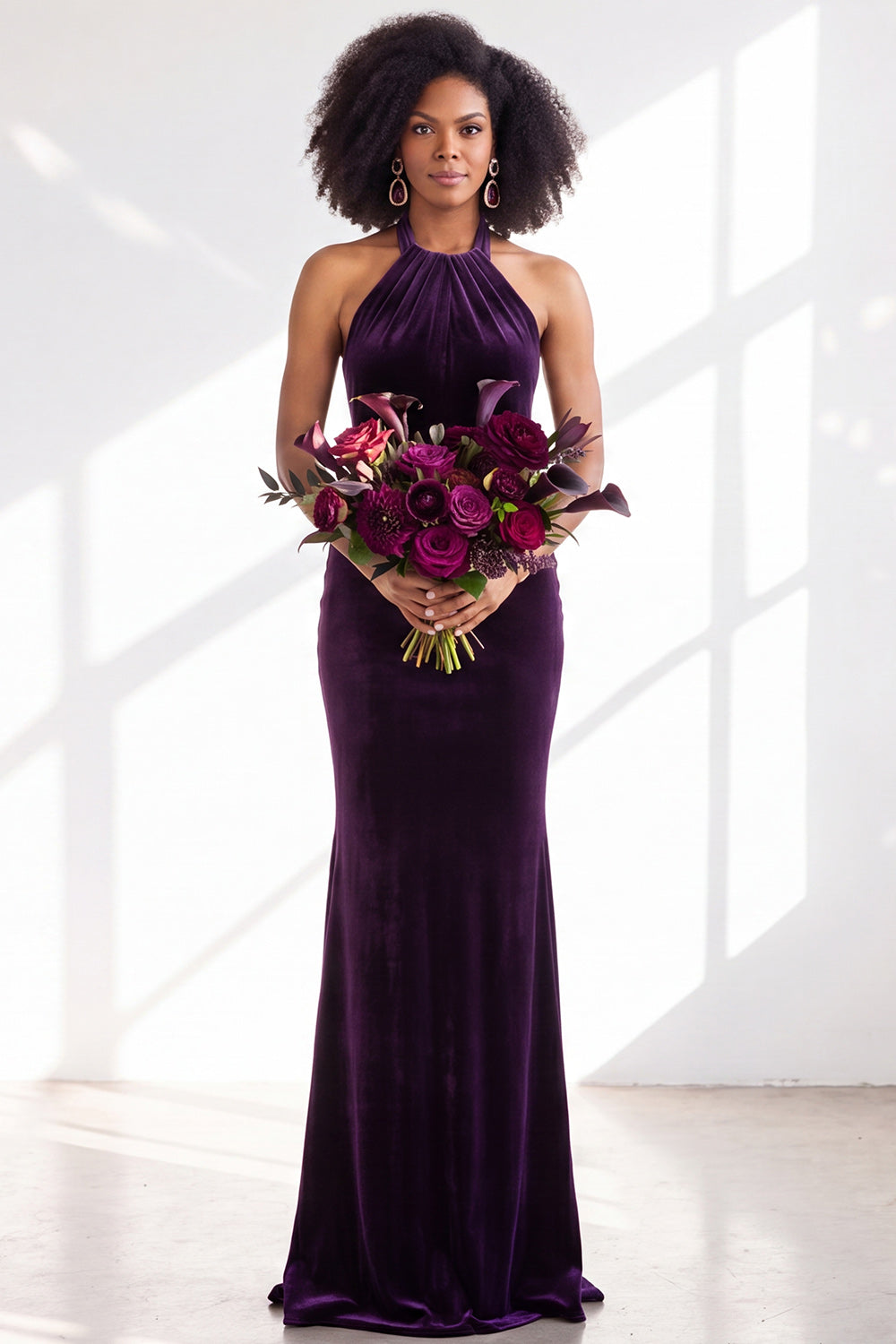 Black Velvet Mermaid Halter Long Formal Dress