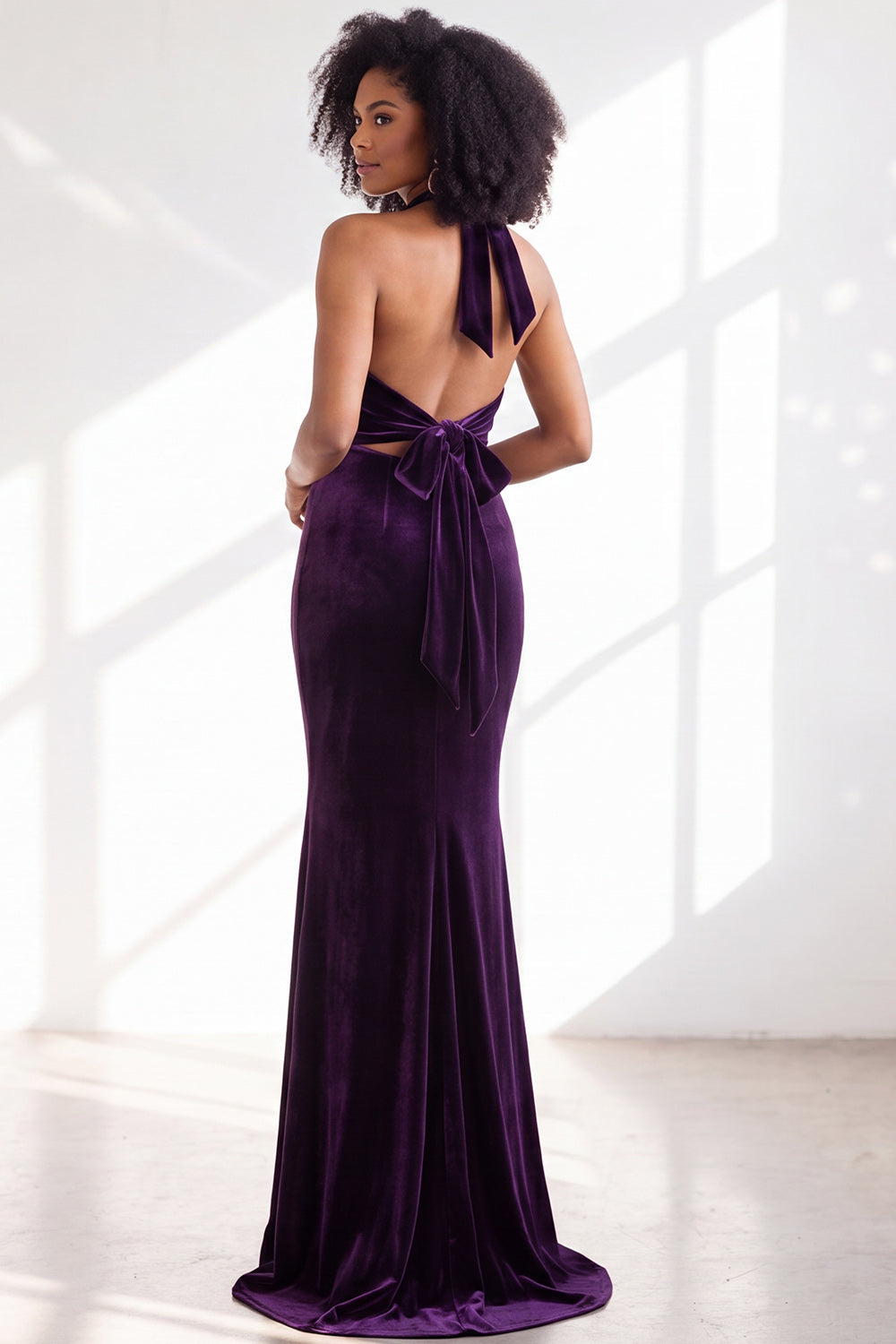 Black Velvet Mermaid Halter Long Formal Dress