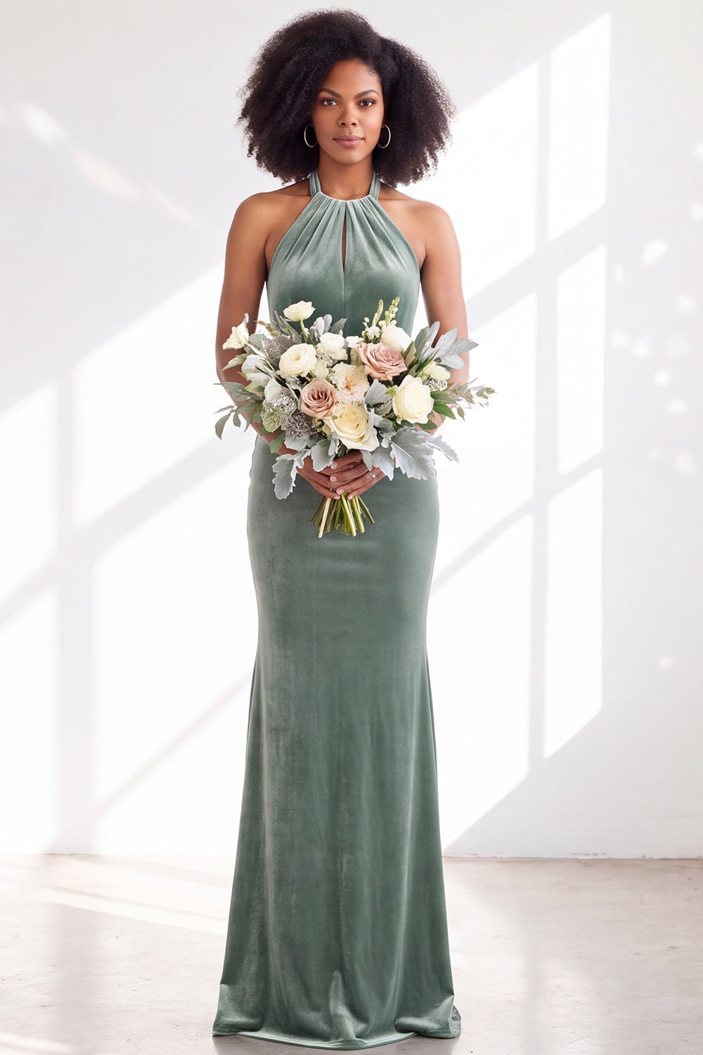 Black Velvet Mermaid Halter Long Formal Dress