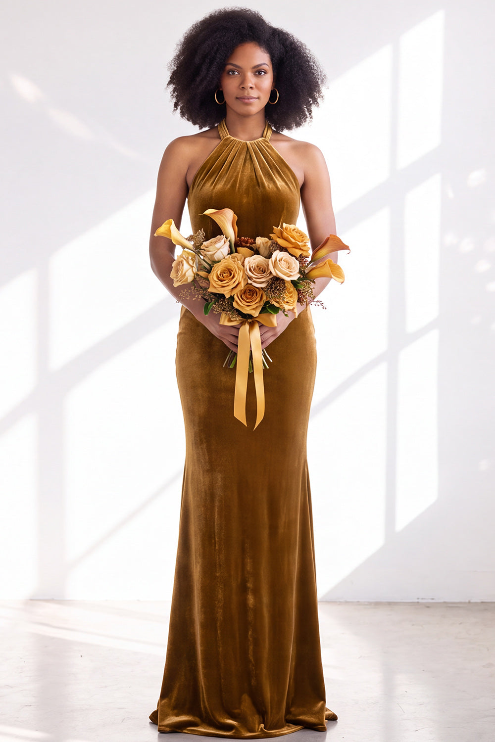 Black Velvet Mermaid Halter Long Formal Dress