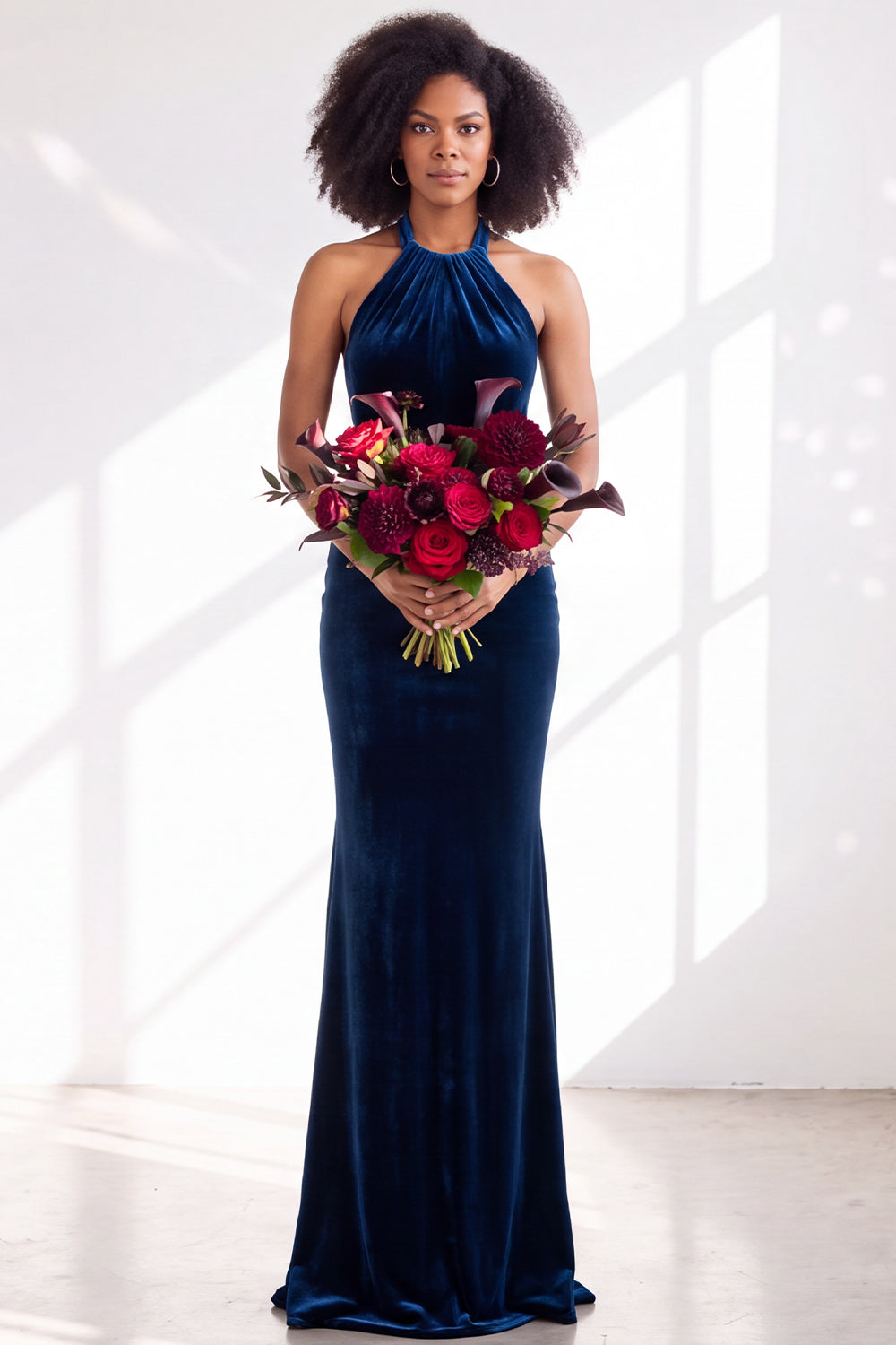 Black Velvet Mermaid Halter Long Formal Dress