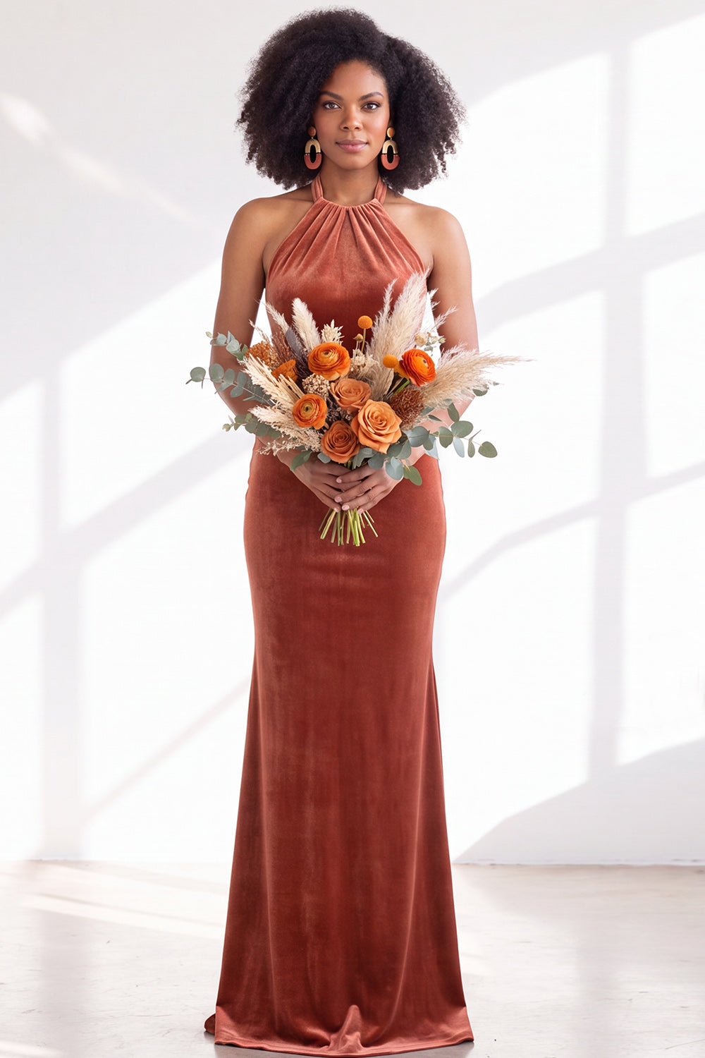 Black Velvet Mermaid Halter Long Formal Dress