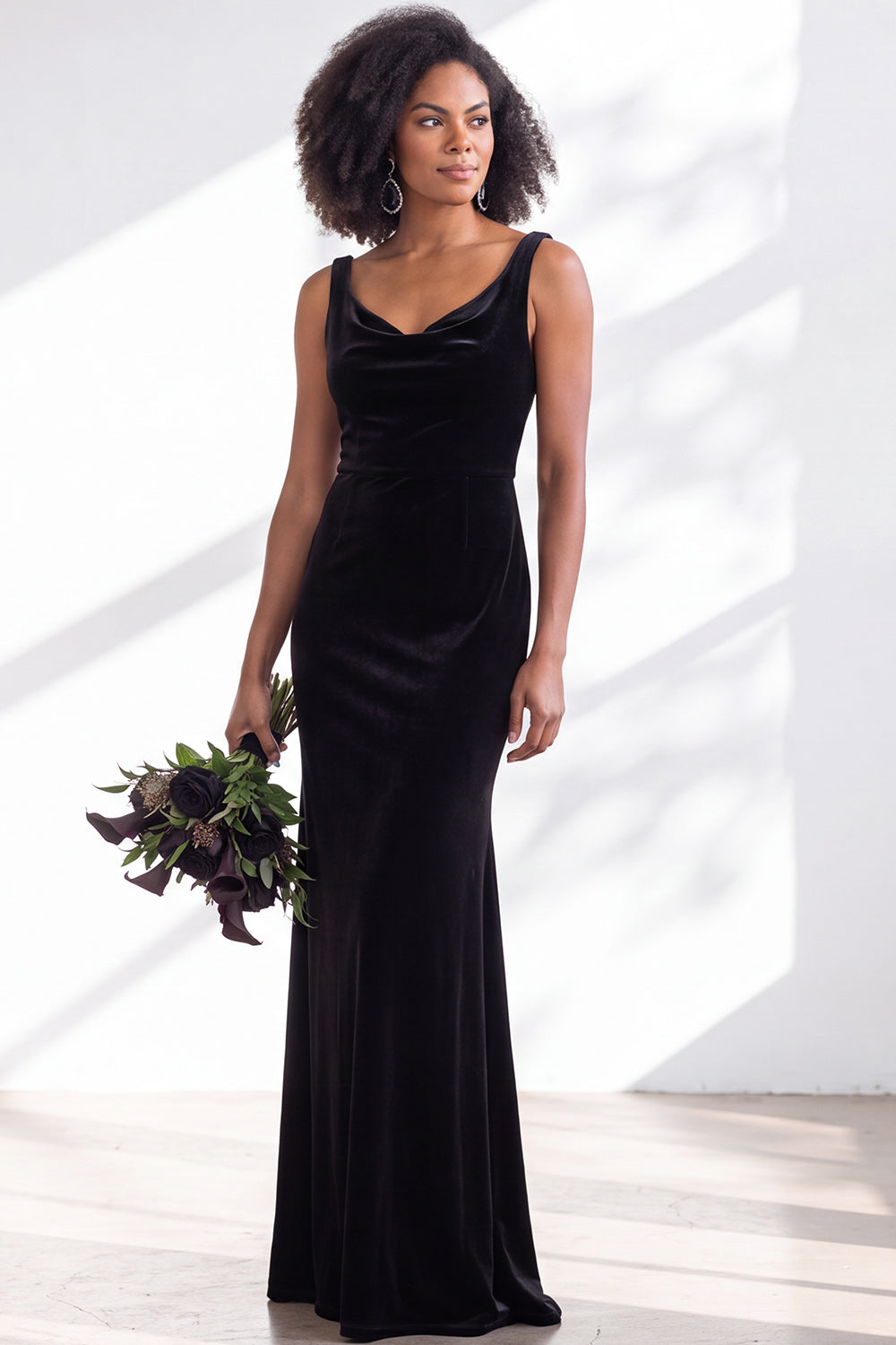 Burgundy Velvet Mermaid Cowl Neck Long Formal Dress