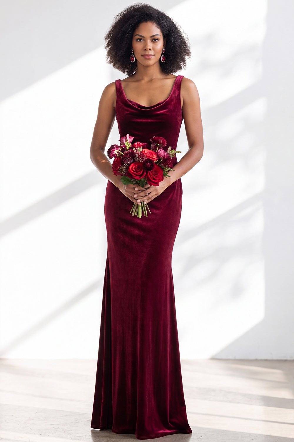 Burgundy Velvet Mermaid Cowl Neck Long Formal Dress
