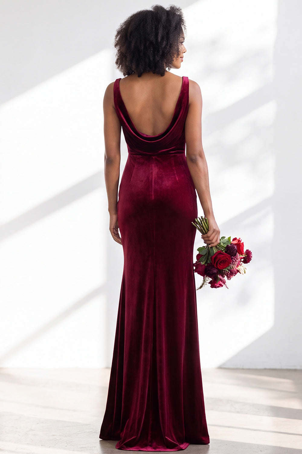 Burgundy Velvet Mermaid Cowl Neck Long Formal Dress