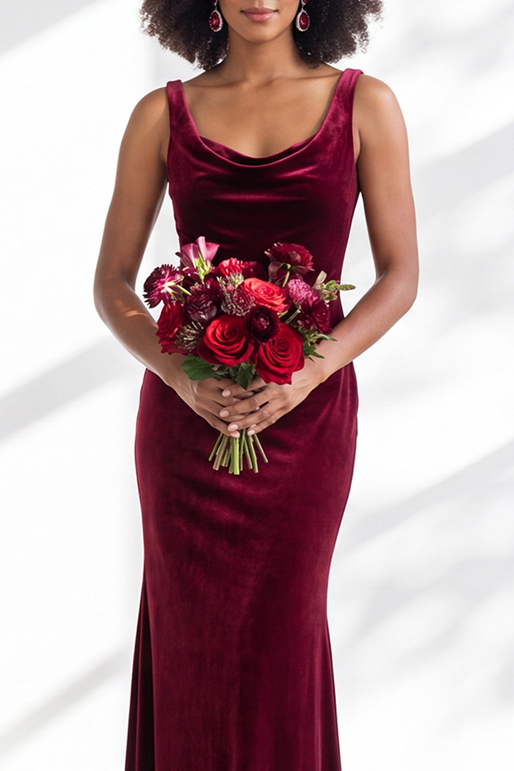 Burgundy Velvet Mermaid Cowl Neck Long Formal Dress
