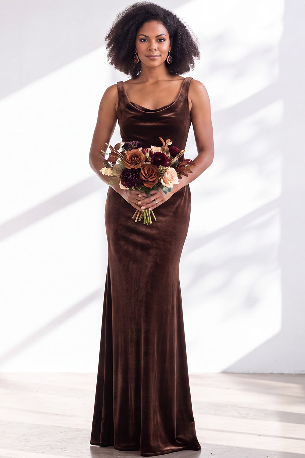Burgundy Velvet Mermaid Cowl Neck Long Formal Dress