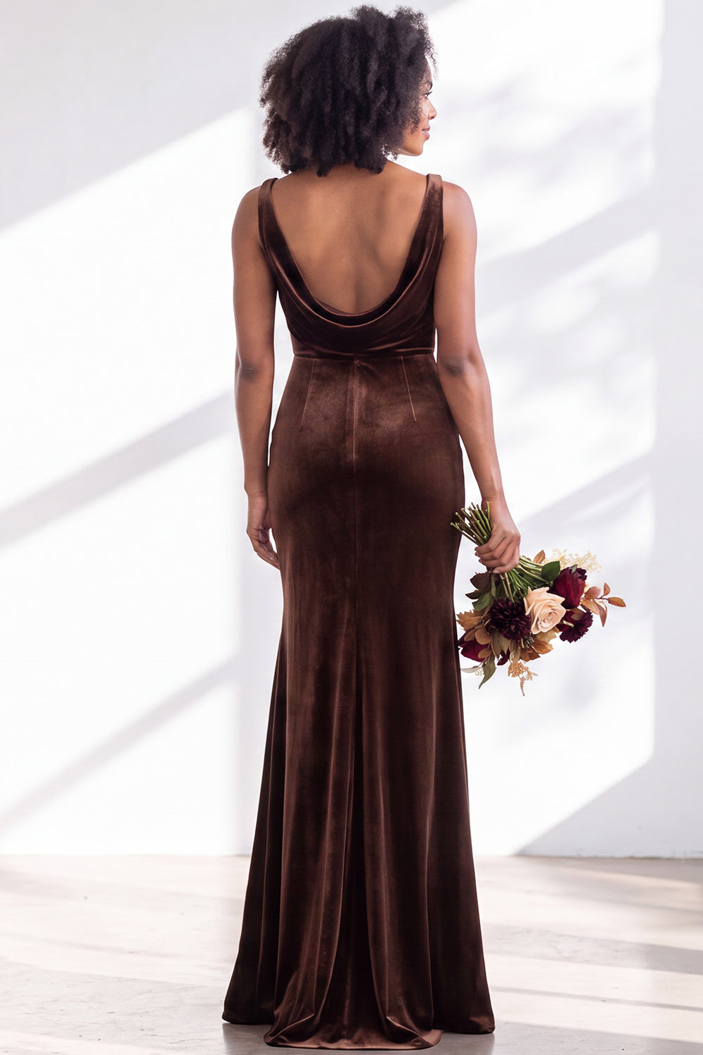 Burgundy Velvet Mermaid Cowl Neck Long Formal Dress