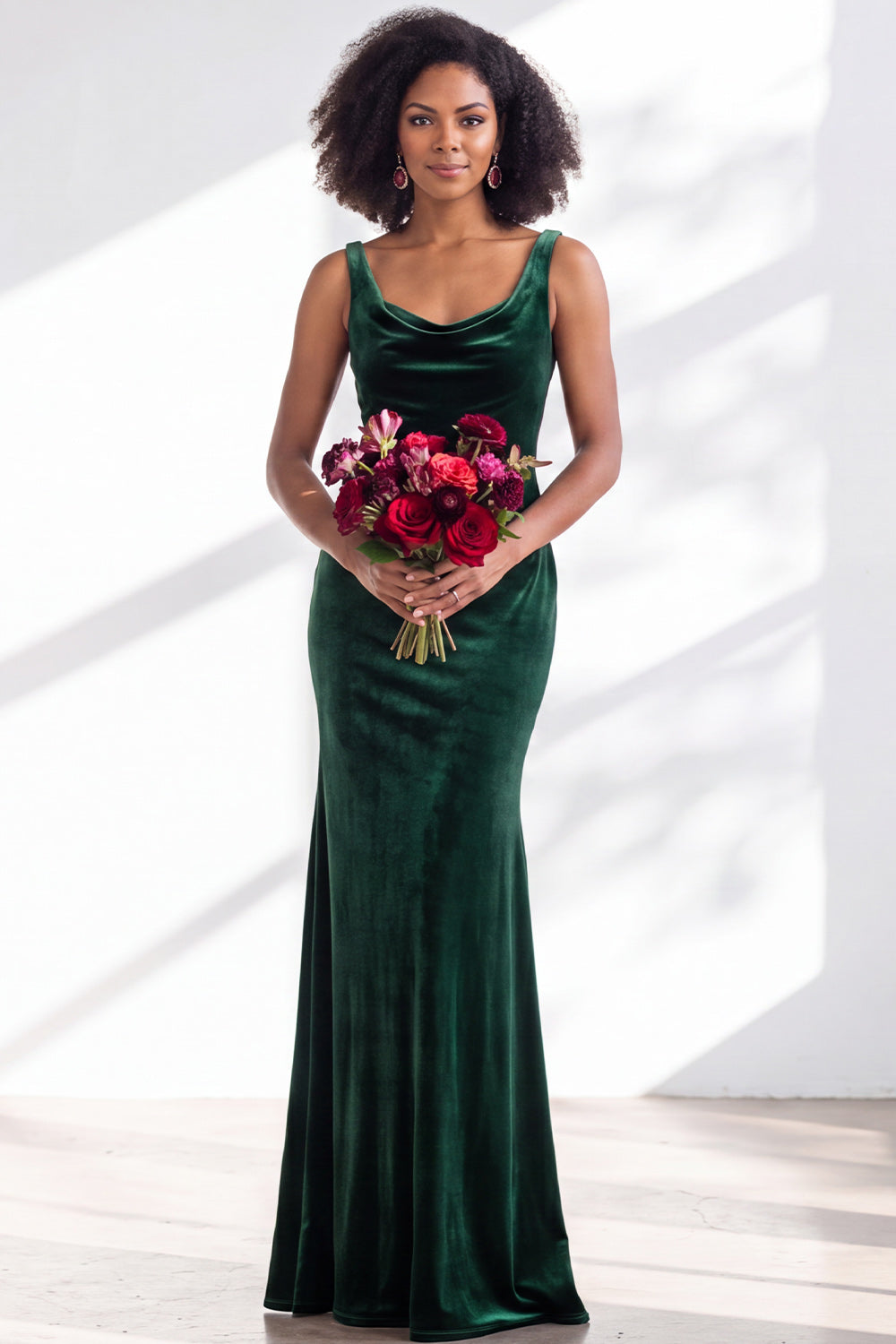 Burgundy Velvet Mermaid Cowl Neck Long Formal Dress