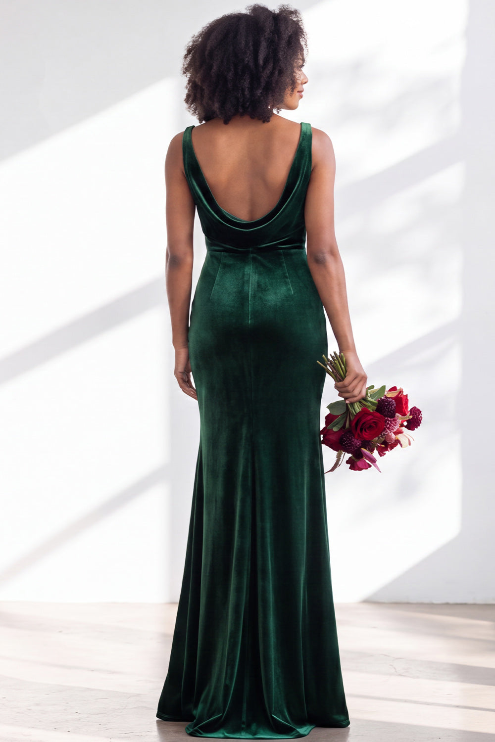 Burgundy Velvet Mermaid Cowl Neck Long Formal Dress