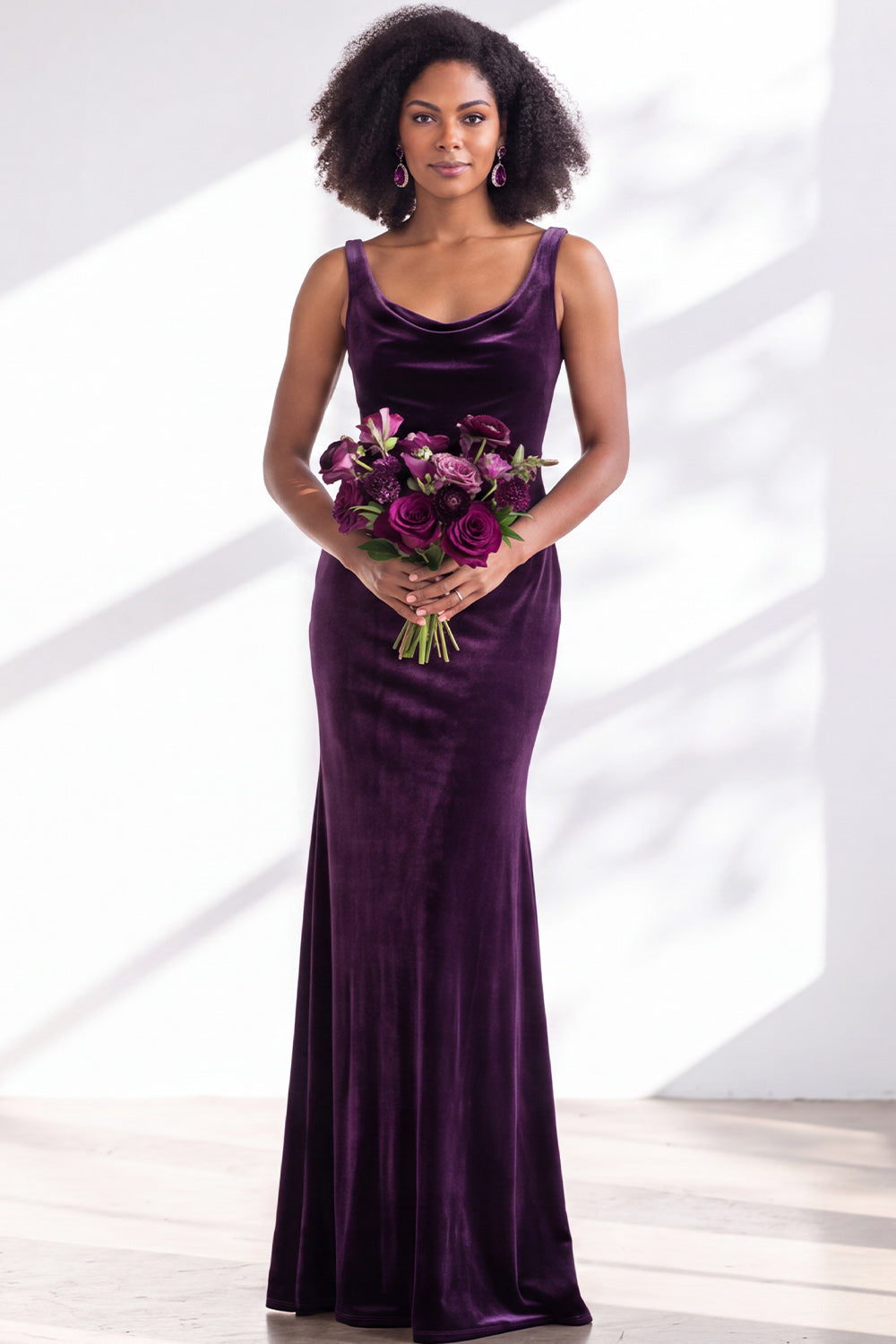 Burgundy Velvet Mermaid Cowl Neck Long Formal Dress
