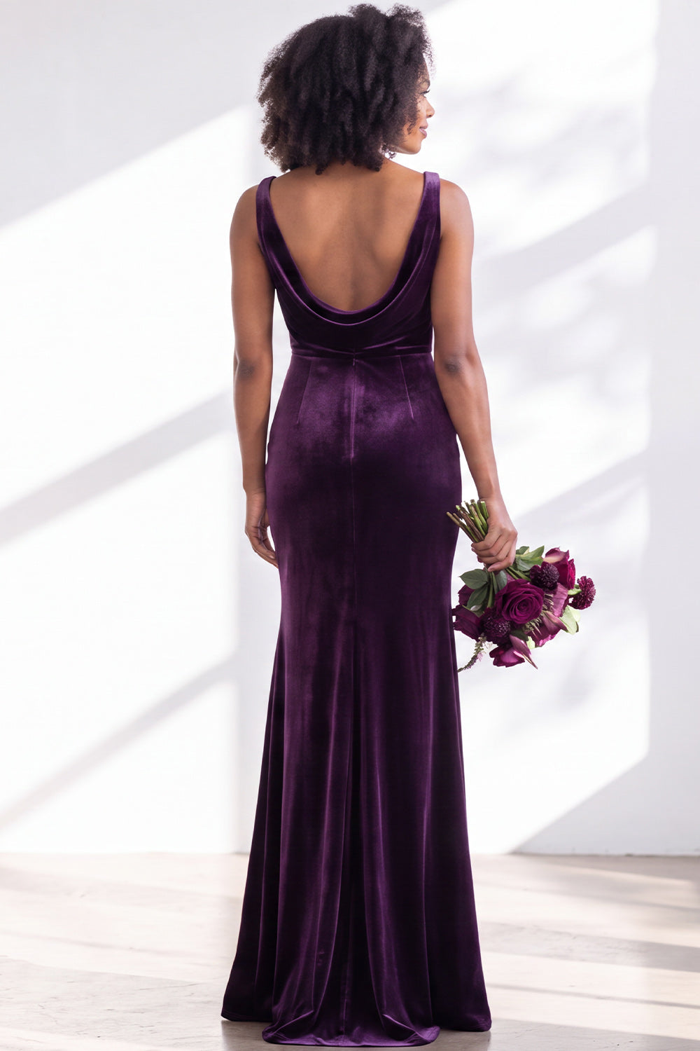 Burgundy Velvet Mermaid Cowl Neck Long Formal Dress