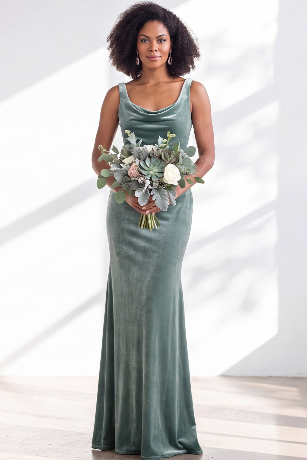Burgundy Velvet Mermaid Cowl Neck Long Formal Dress