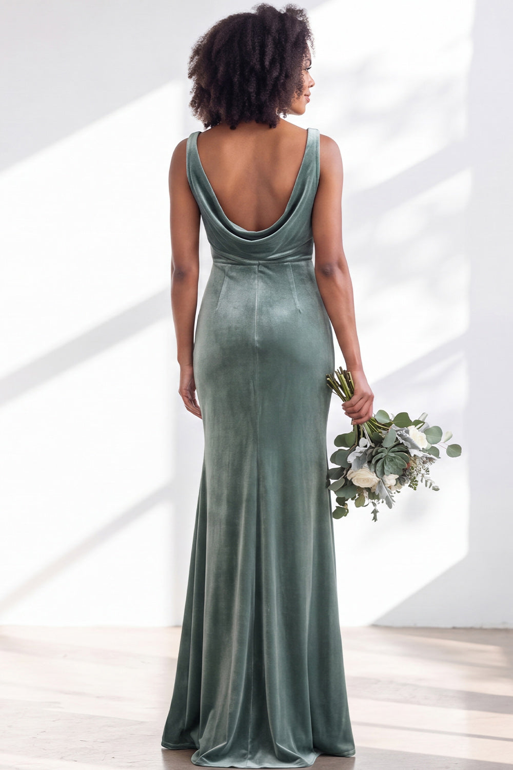 Burgundy Velvet Mermaid Cowl Neck Long Formal Dress