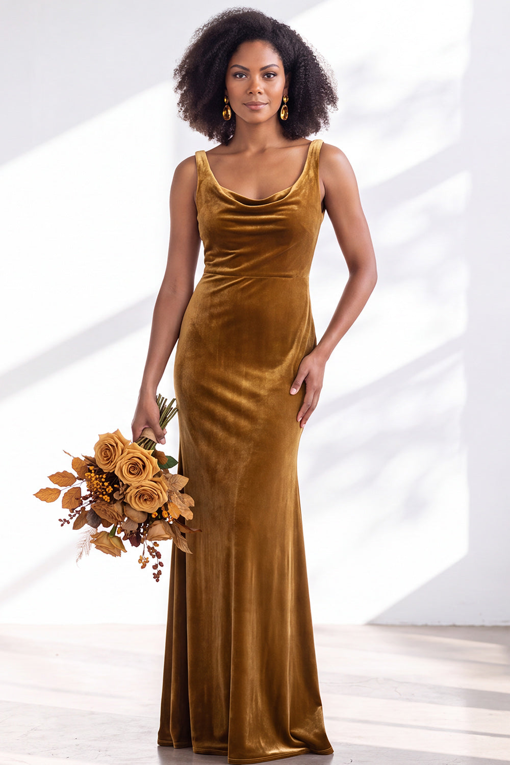 Burgundy Velvet Mermaid Cowl Neck Long Formal Dress